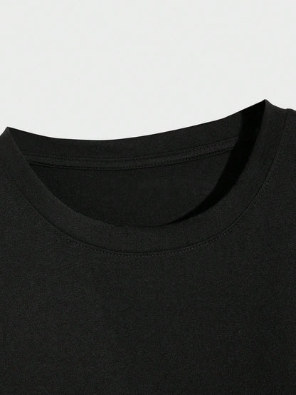 "Black" Letter Printed Round Neck Casual Comfy T-Shirt For Work And Leisure