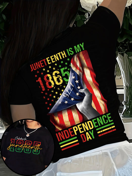Juneteenth Print Crew Neck T-shirt, Casual Short Sleeve Top For Spring & Summer, Women's Clothing