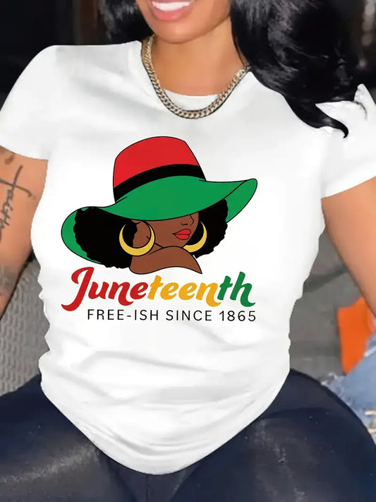 Juneteenth Print Crew Neck T-Shirt, Casual Short Sleeve Top For Spring & Summer, Women's Clothing