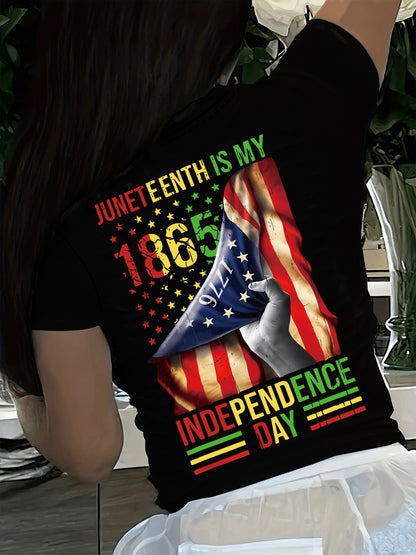 Juneteenth Print Crew Neck T-shirt, Casual Short Sleeve Top For Spring & Summer, Women's Clothing